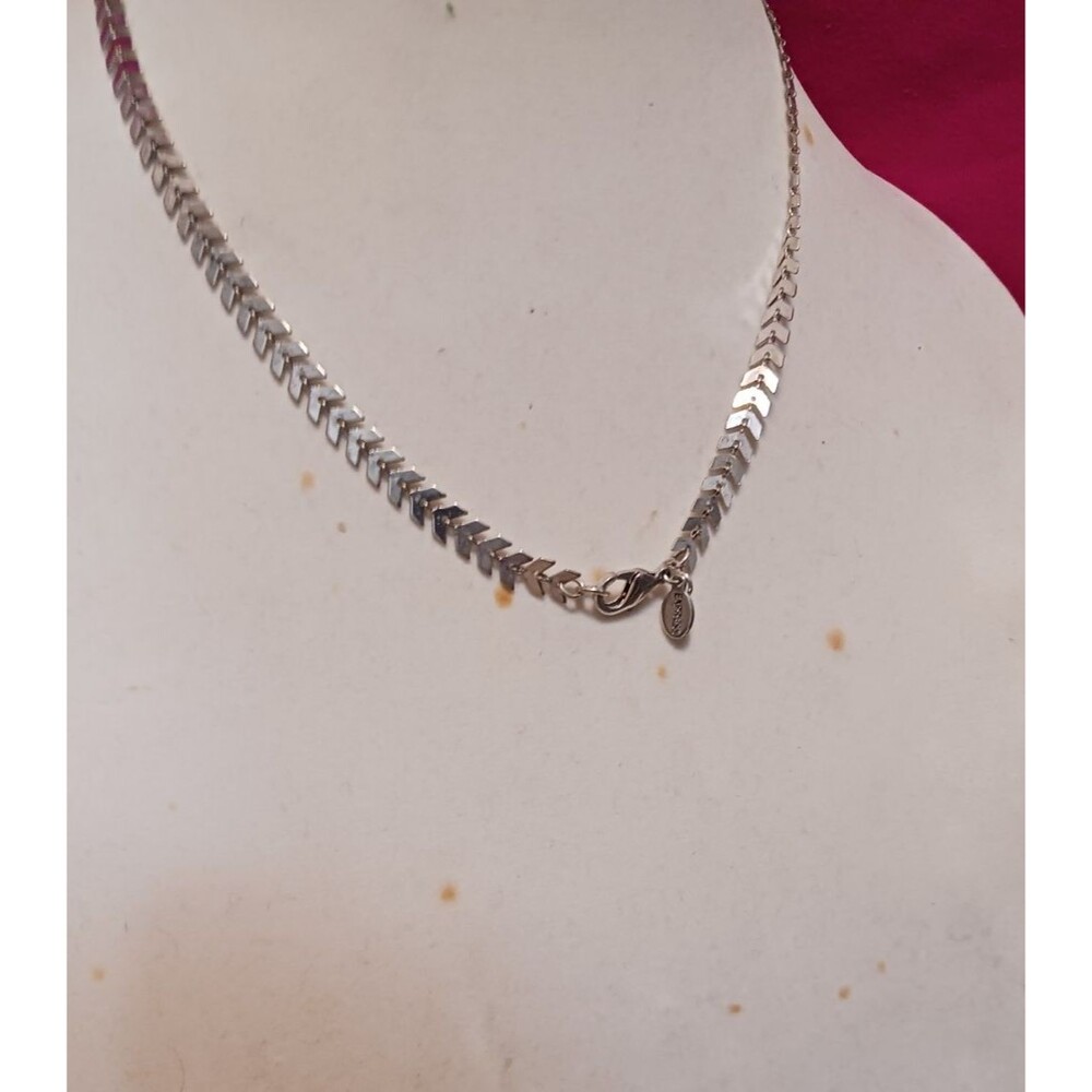 Vintage Express Silver Necklace Chevron Herringbone Chain Rhinestone Waterfall - Picture 8 of 13